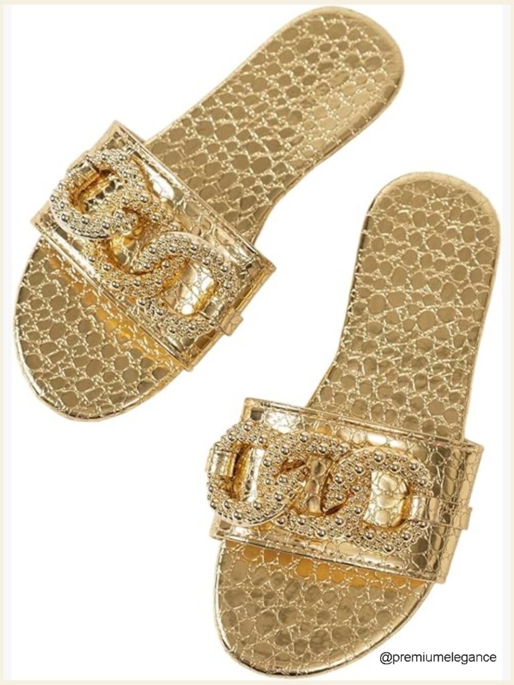Women's Croc Embossed Slide Sandals with Chain Detail Flat